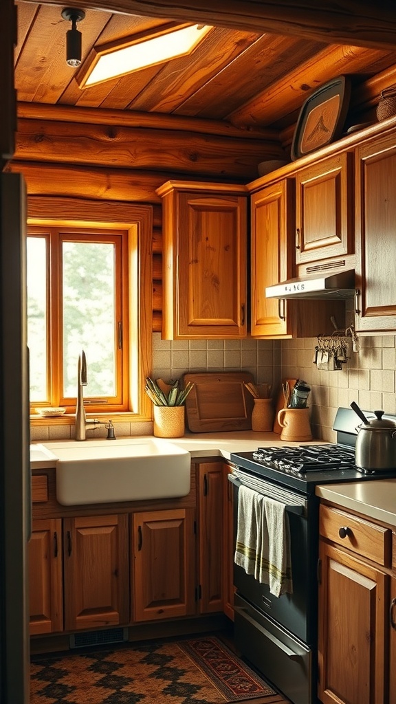 A rustic kitchen with warm wood accents, featuring wooden cabinets, a farmhouse sink, and natural light.