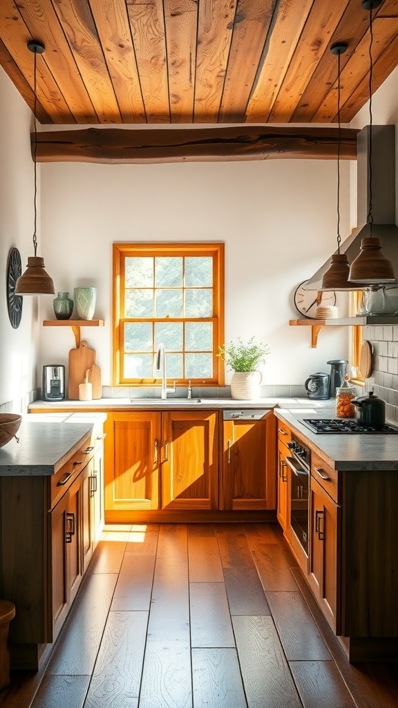 A rustic modern kitchen featuring warm wood accents in cabinets and ceiling.