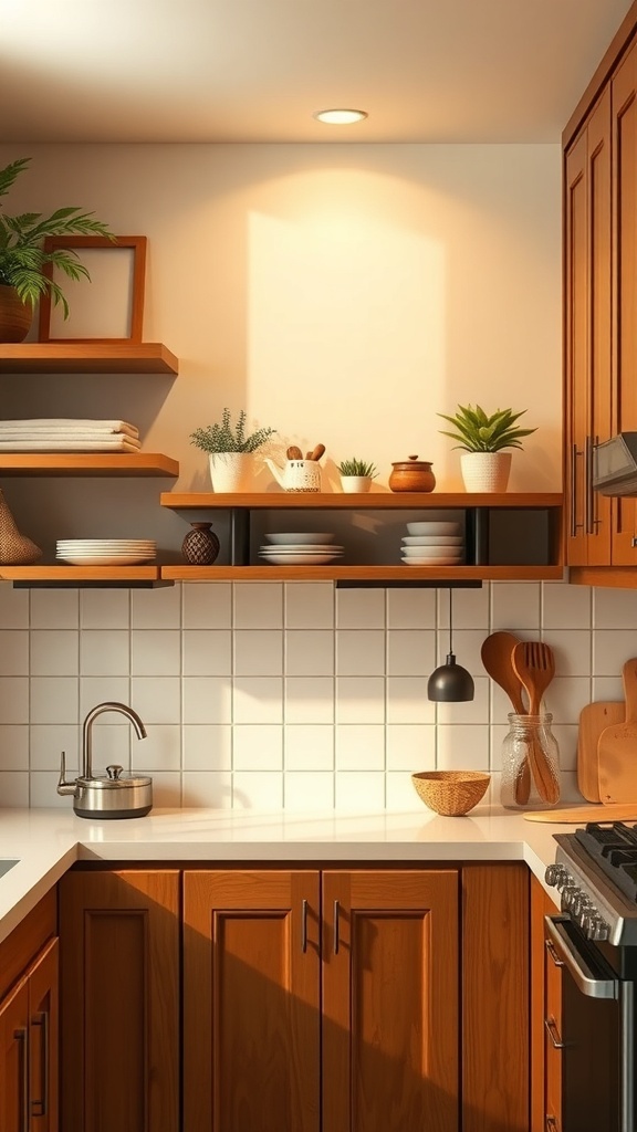 A modern rustic kitchen featuring warm wood cabinetry and open shelves with plants and kitchenware.