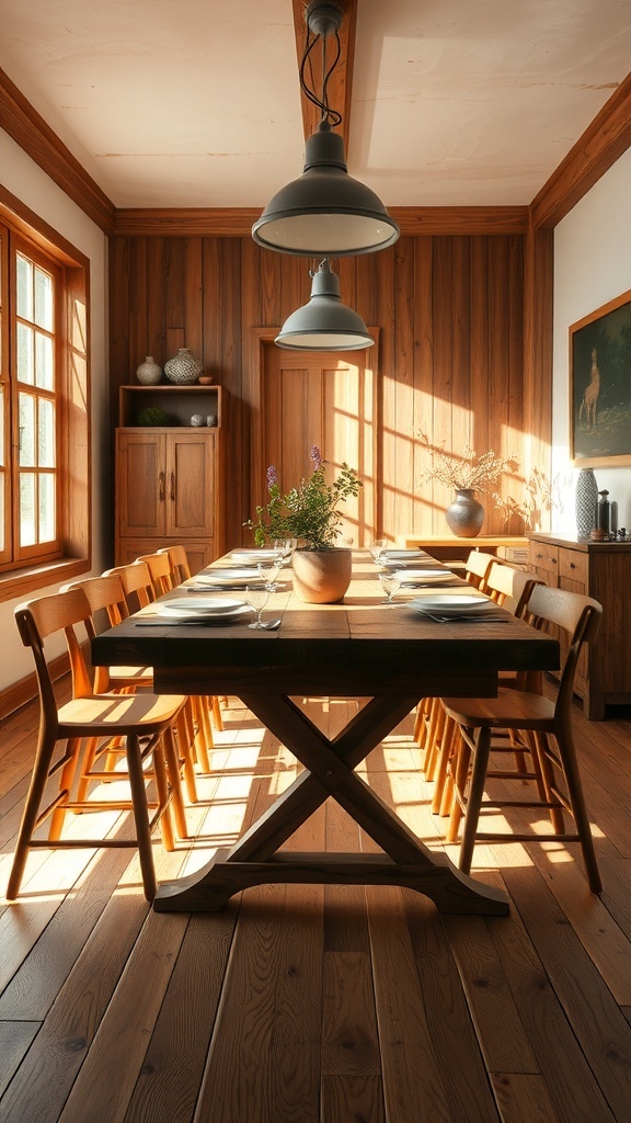 A rustic dining room with warm wood accents, featuring a large wooden table and wooden chairs.
