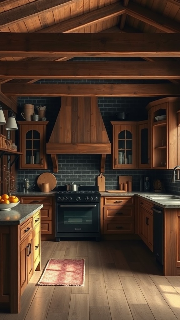 A dark rustic kitchen featuring warm wood accents, with wooden cabinets, beams, and a cozy atmosphere.