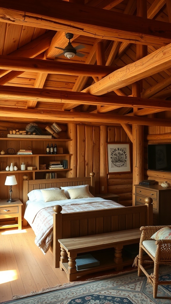 Cozy rustic bedroom with warm wood accents and natural light.
