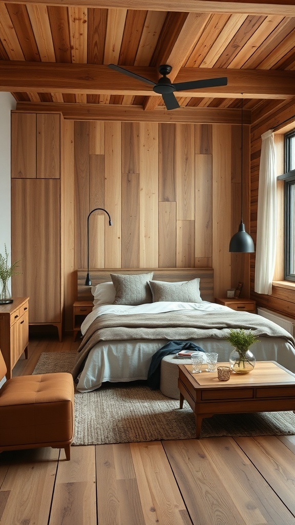 A rustic modern bedroom featuring warm wood accents, a cozy bed, and stylish decor.