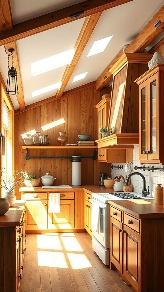 A rustic kitchen with warm wood accents and natural light.