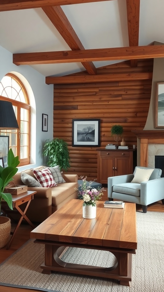 Cozy living room with wooden beams, a wooden coffee table, and comfortable seating.