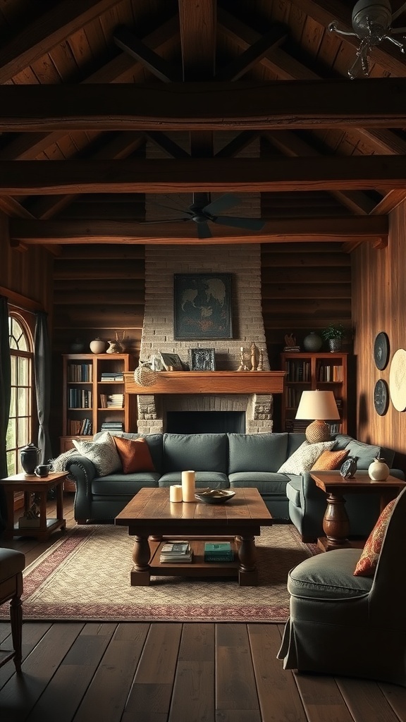 A dark rustic living room featuring warm wood accents, comfortable seating, and a cozy atmosphere.