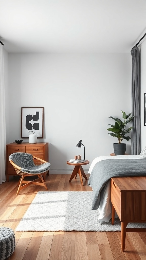 A modern black and white bedroom featuring warm wood accents in furniture and decor.