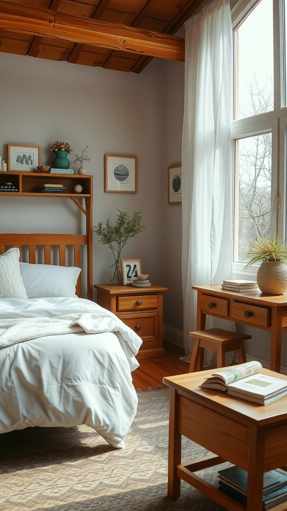 A cozy bedroom featuring warm wood elements, including a wooden bed frame, nightstands, and a desk, complemented by soft bedding and natural light.