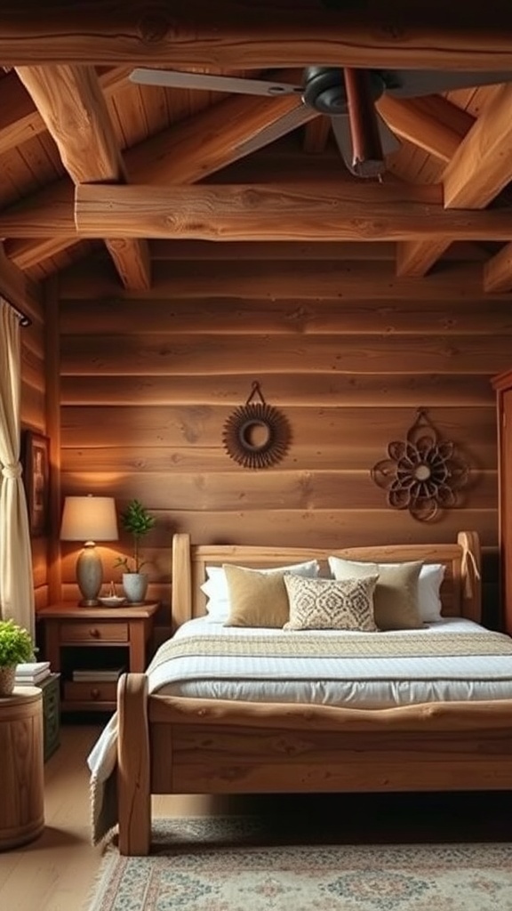 A rustic bedroom featuring warm wooden accents, a wooden bed frame, and natural decor.