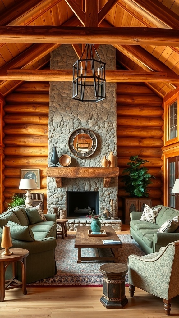 Cozy rustic living room with wooden accents and a fireplace.