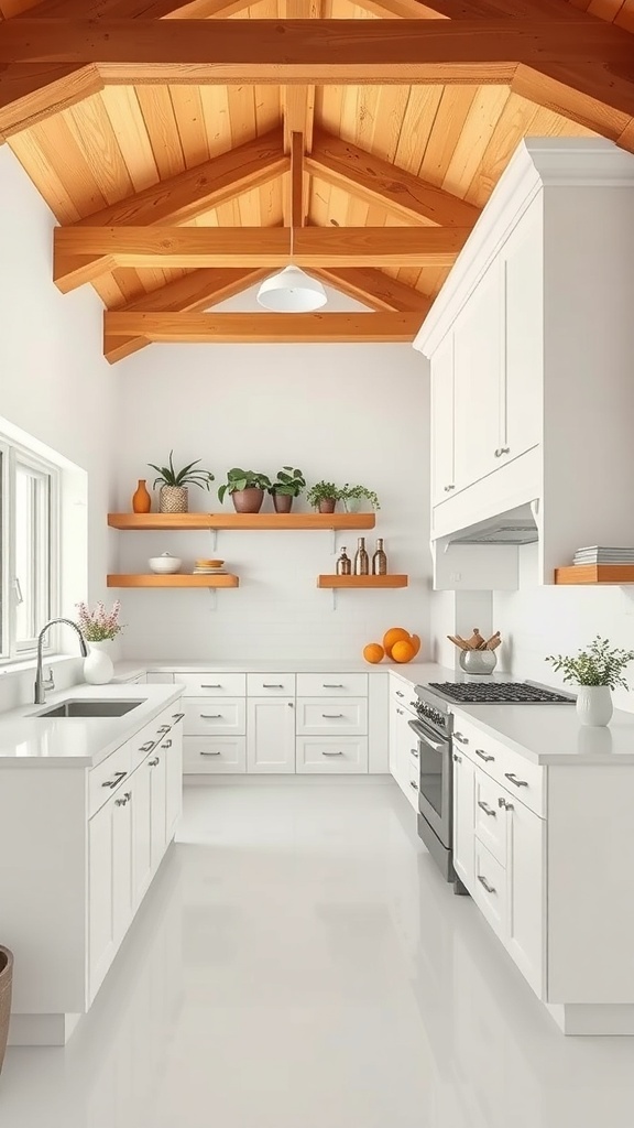 A bright white farmhouse kitchen with warm wooden accents including beams and shelves.