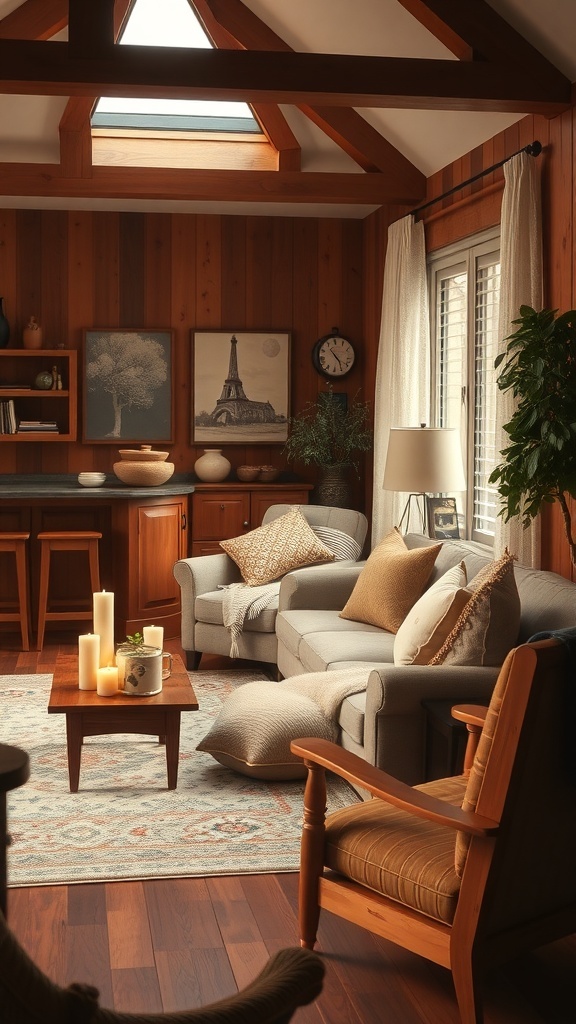 Cozy living room with wooden accents and warm decor