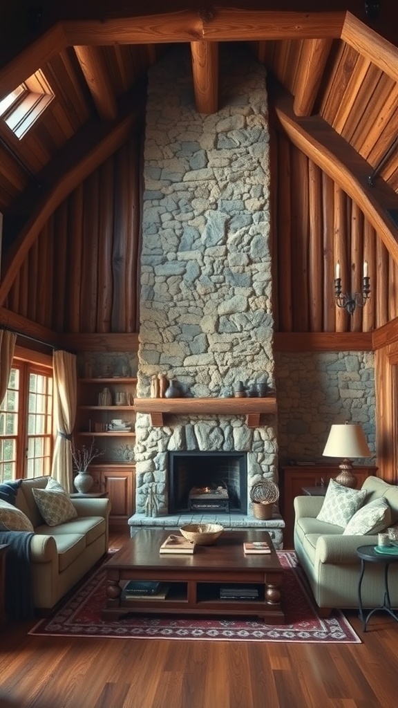 A rustic living room with wooden beams, stone fireplace, and cozy furniture.