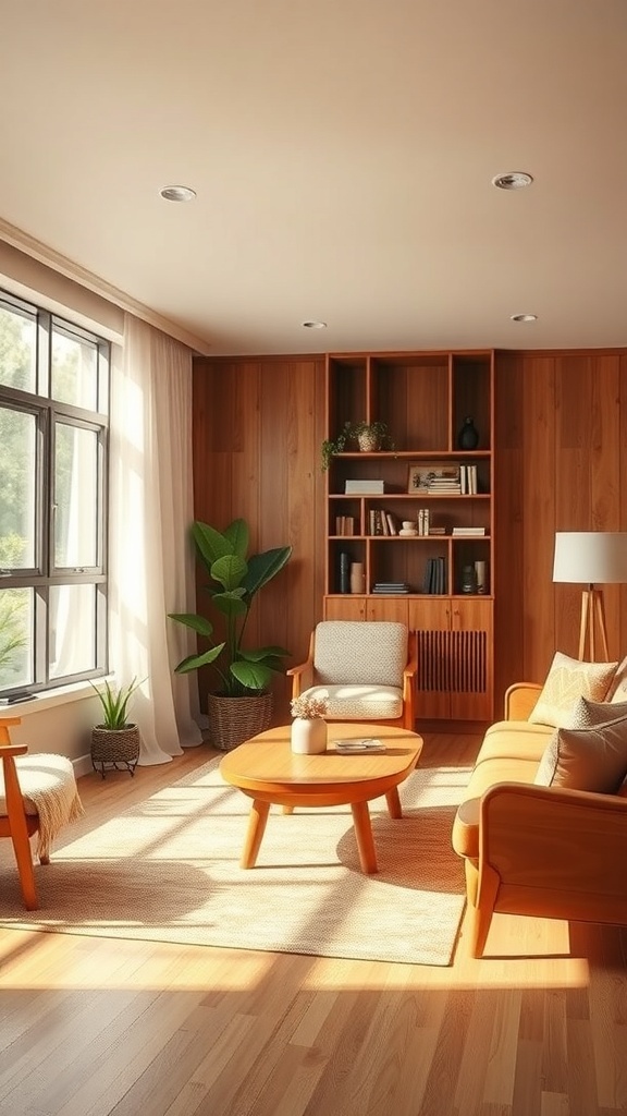 A cozy living room featuring warm wooden accents, including furniture and decor.
