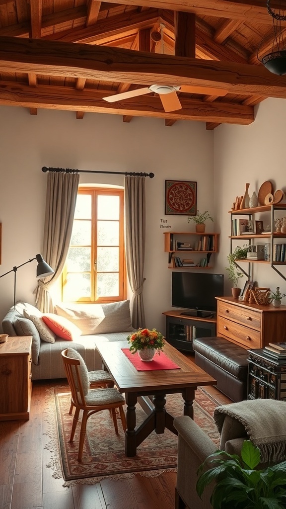 Rustic apartment with warm wooden accents and cozy decor.