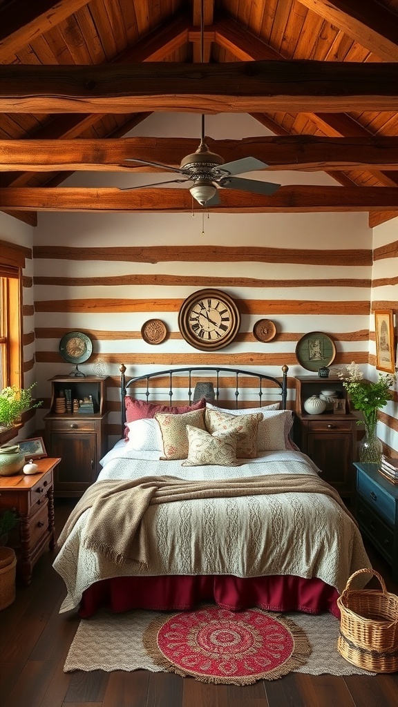 A rustic farmhouse bedroom featuring warm wooden beams, a cozy bed with decorative pillows, and wooden furniture.