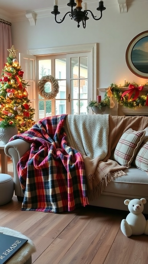 A cozy living room with a sofa draped in warm wool blankets, decorated for Christmas.