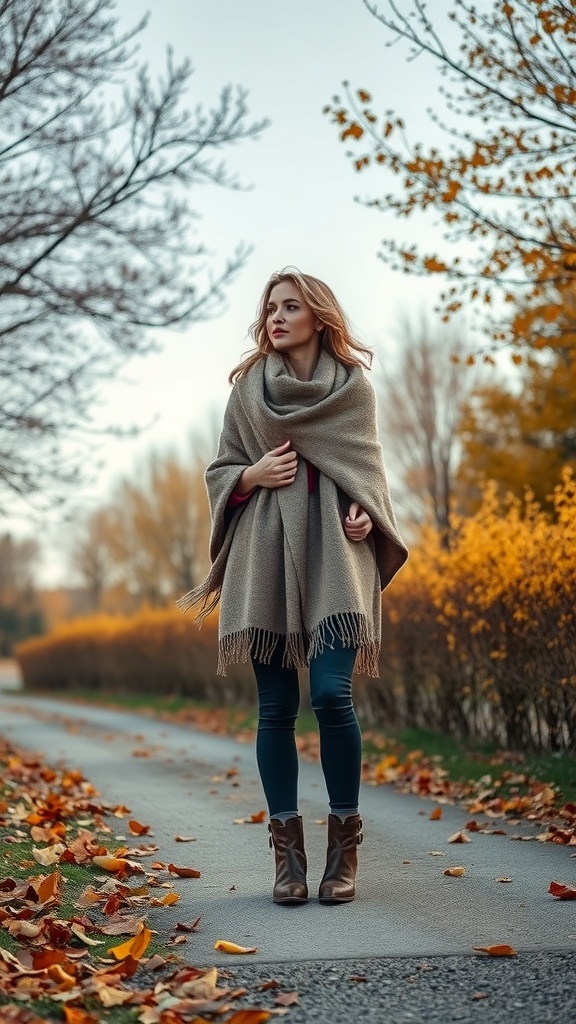A woman wearing a warm wool wrap and ankle boots, walking on a path surrounded by autumn leaves.