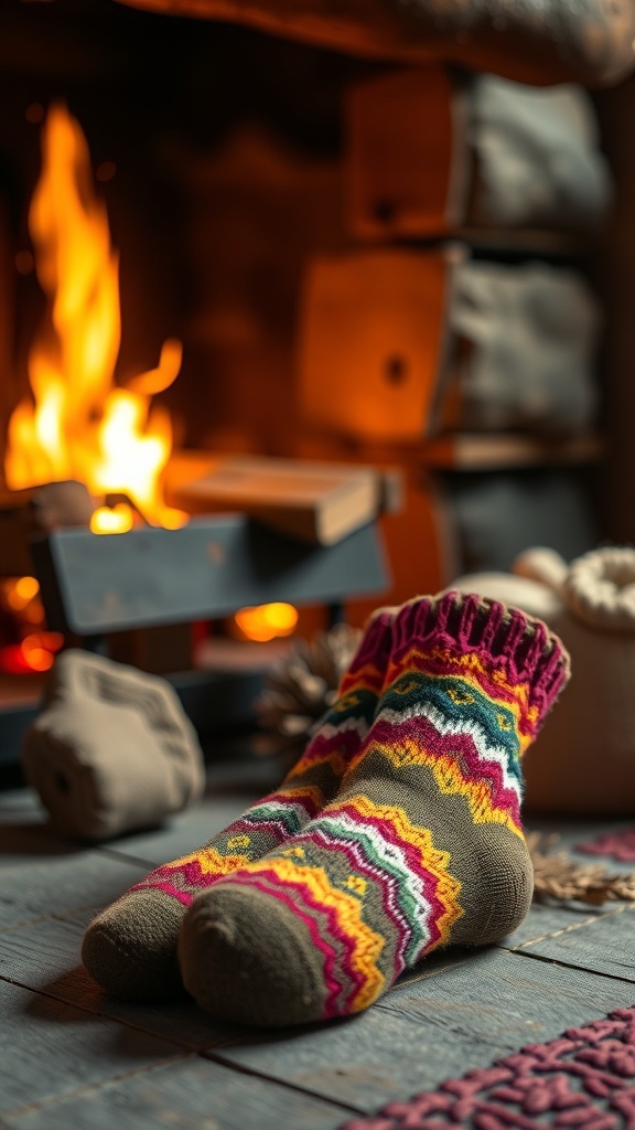 Colorful woolen socks in front of a fireplace