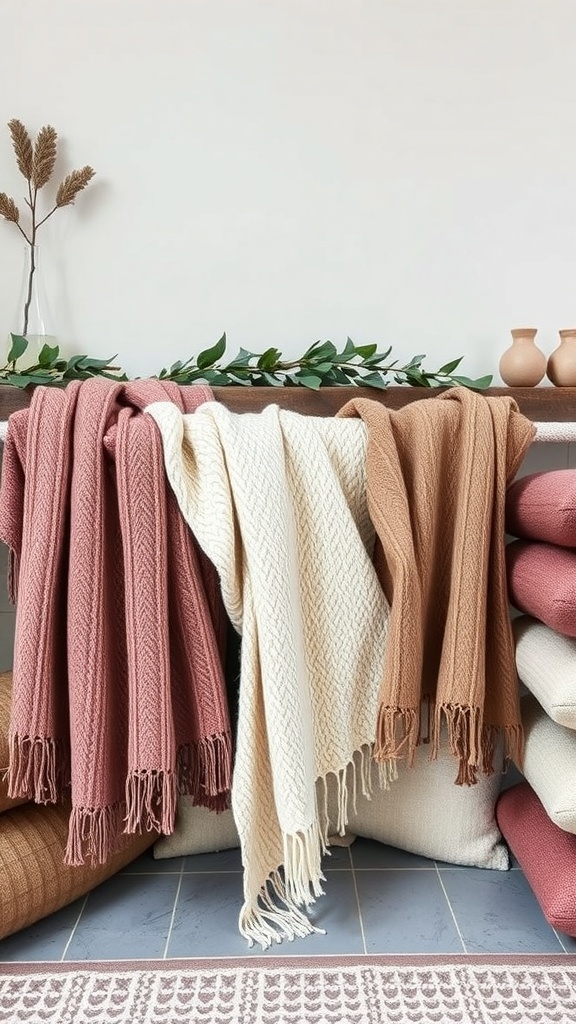 A collection of warm woolen throws in various colors, draped over a shelf with decorative elements.