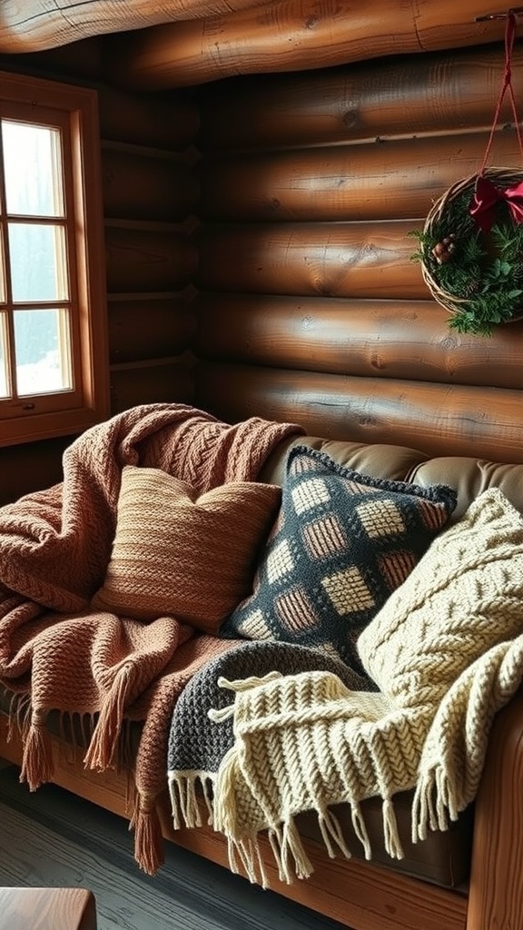A cozy cabin interior featuring warm woolen blankets and pillows on a couch.