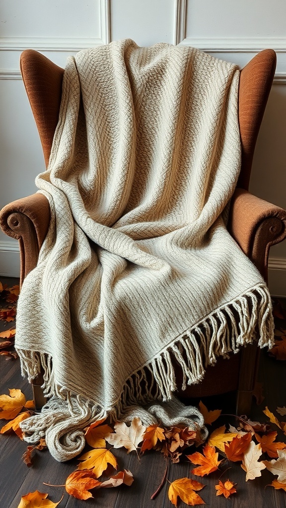 A warm woolen throw draped over an armchair surrounded by autumn leaves.