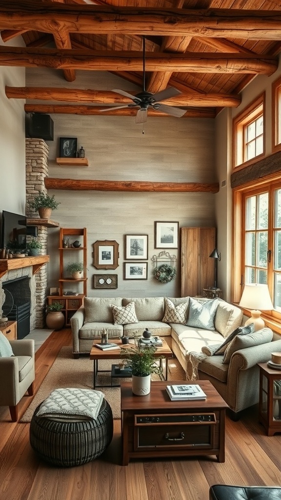 A rustic living room with wooden beams, cozy furniture, and warm lighting.