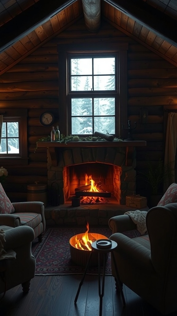 Cozy winter cabin with a crackling fireplace and comfortable seating.