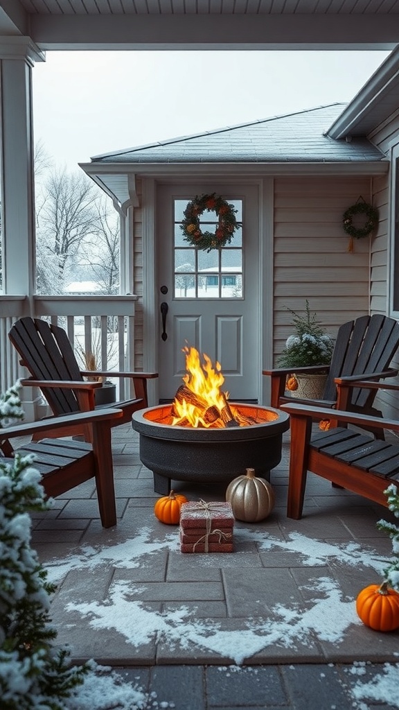 A winter front porch featuring a fire pit surrounded by wooden chairs, pumpkins, and festive decorations.