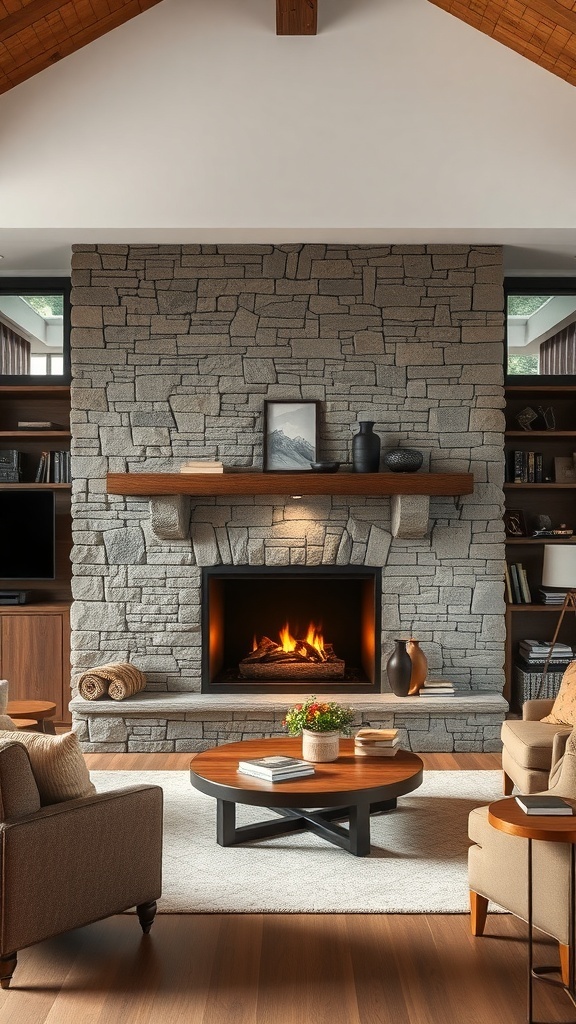 A cozy living room featuring a stone fireplace with a warm fire, surrounded by comfortable seating.