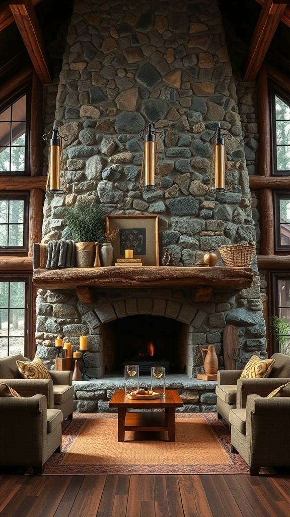 Cozy rustic living room with a stone fireplace and comfortable seating.