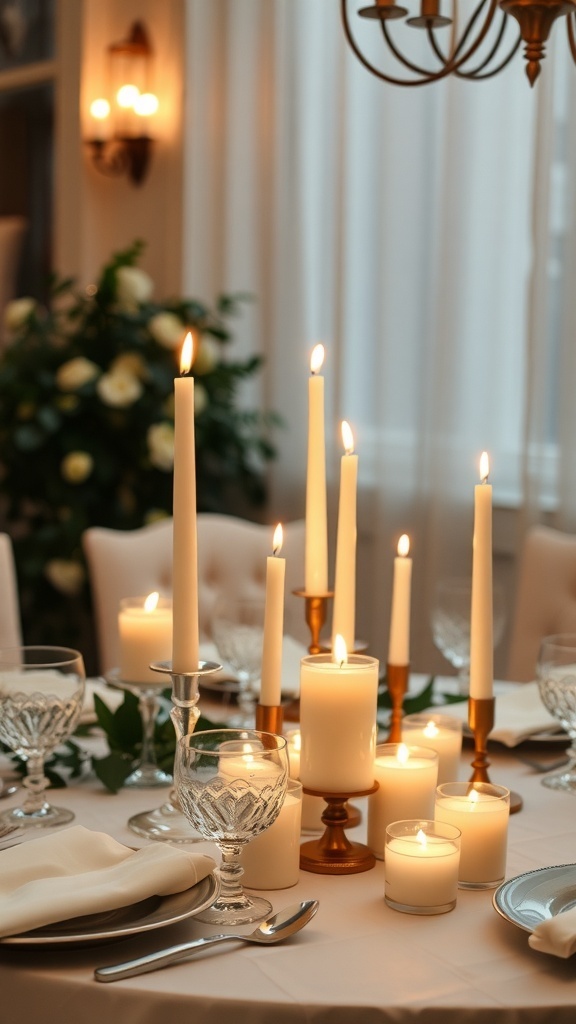 A beautifully arranged table with various candles, glassware, and greenery, creating a warm and inviting atmosphere.
