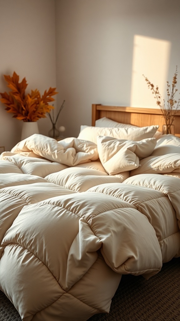 A cozy bed with a fluffy down comforter and autumn decor
