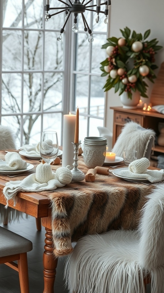 A winter table setting featuring faux fur accents with warm tones and soft textures.