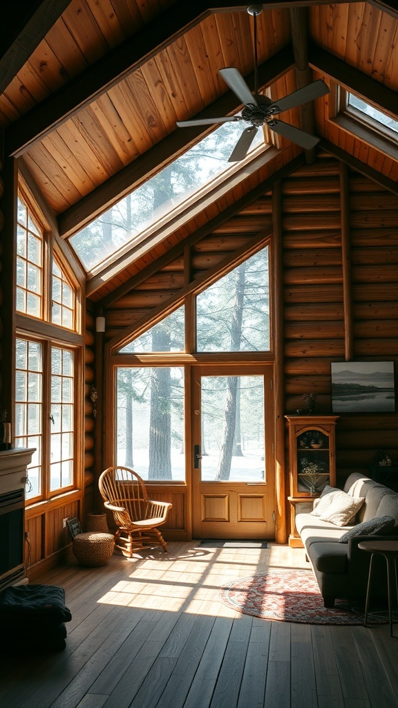 Cozy cabin interior with large windows allowing natural light to fill the space.
