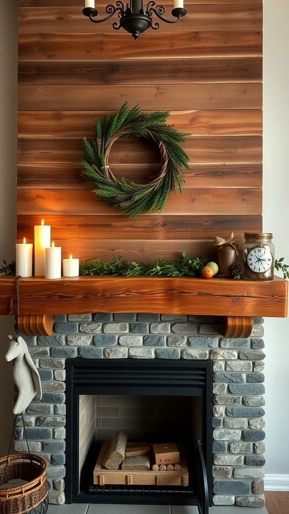 Rustic farmhouse fireplace with reclaimed wood mantel and candles.