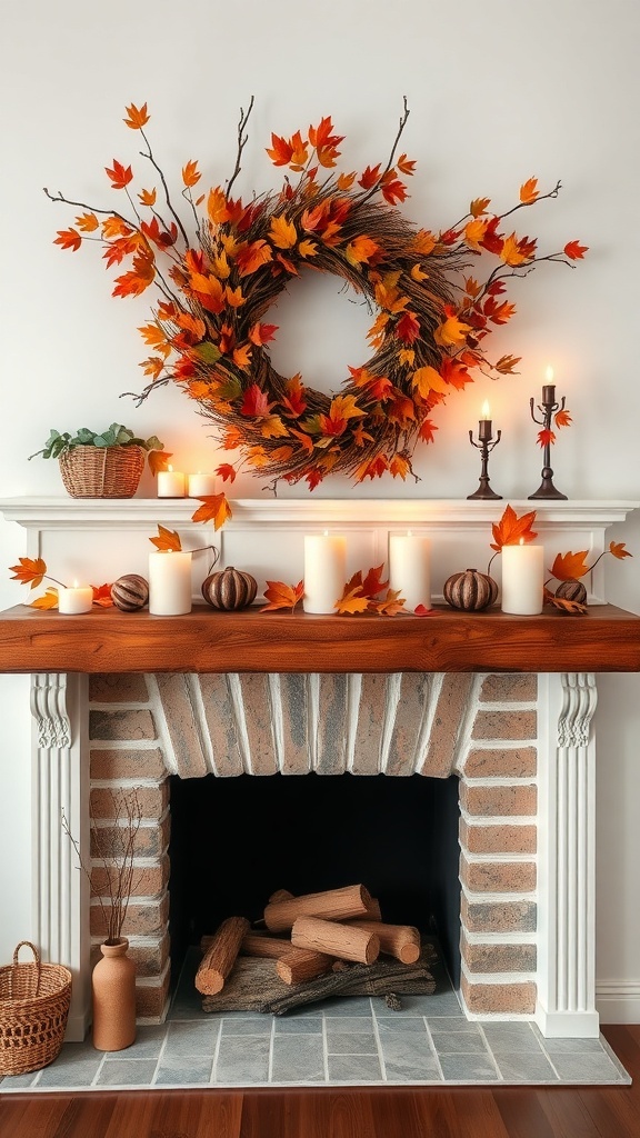 A cozy fireplace mantle decorated with autumn leaves, candles, and rustic wood accents.