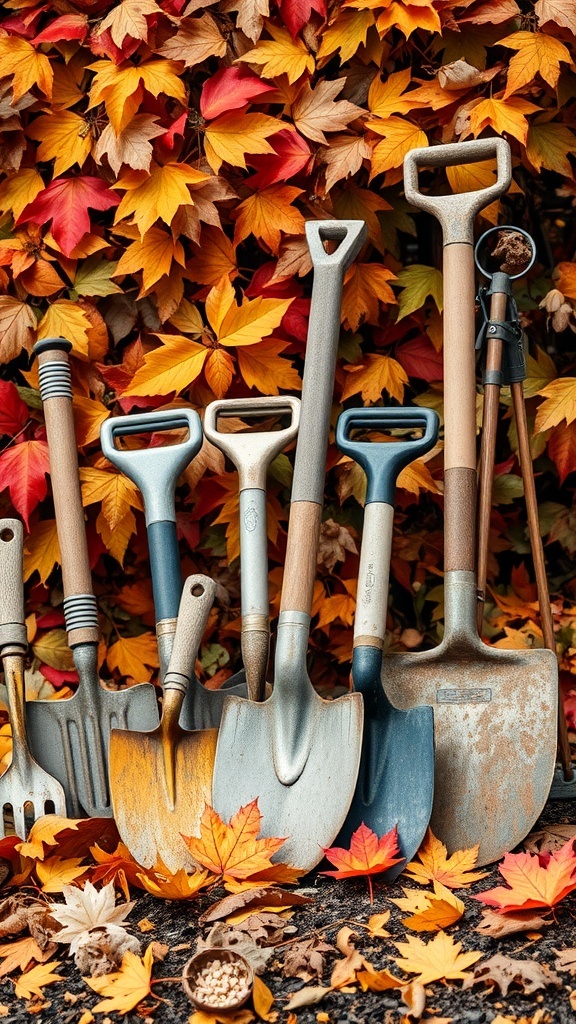 A collection of weathered garden tools against a backdrop of colorful autumn leaves.