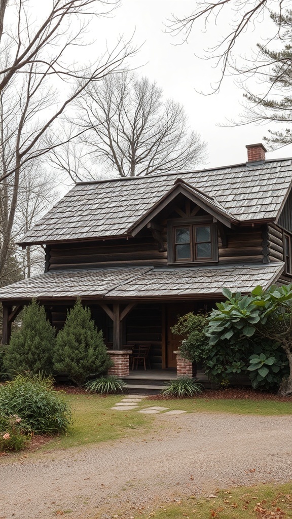 A rustic house with weathered shingle roofing, surrounded by trees and greenery.