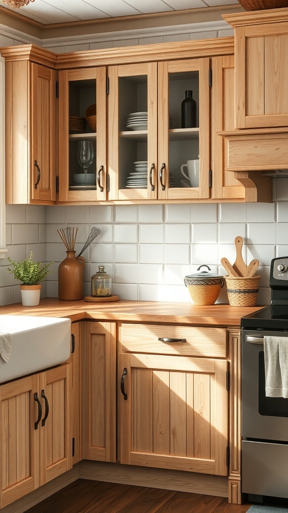 Rustic wooden cabinets in a farmhouse kitchen with a cozy atmosphere.