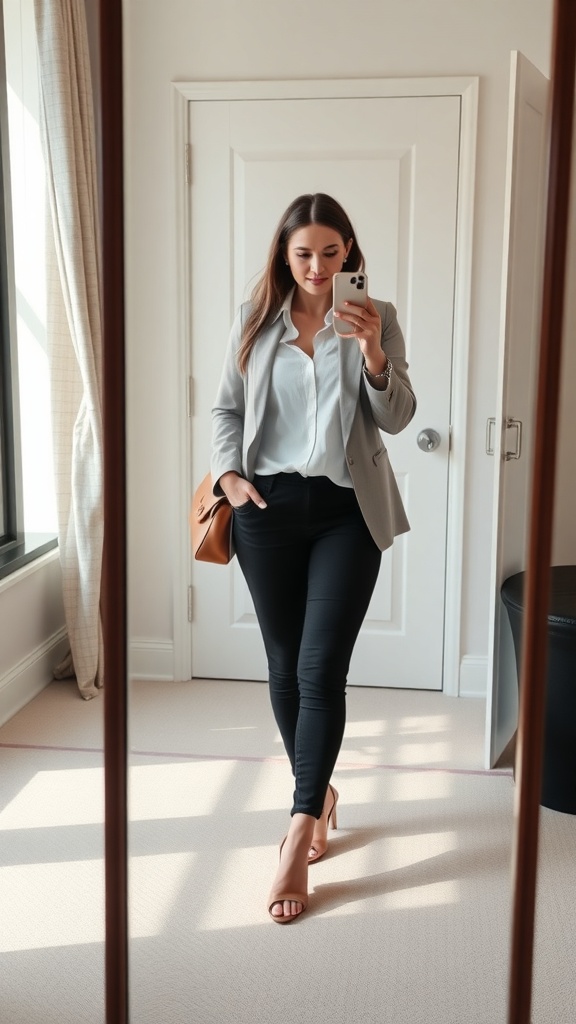 A woman in a light gray blazer and white blouse, wearing black skinny jeans and open-toe heels, standing in front of a mirror.