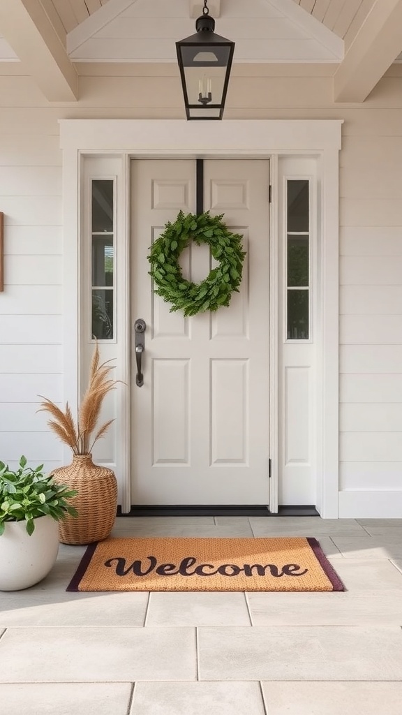 A welcoming entry mat at a modern farmhouse entrance.