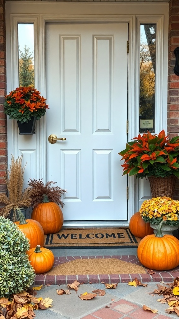 A cozy fall entryway with pumpkins, flowers, and a welcome mat.