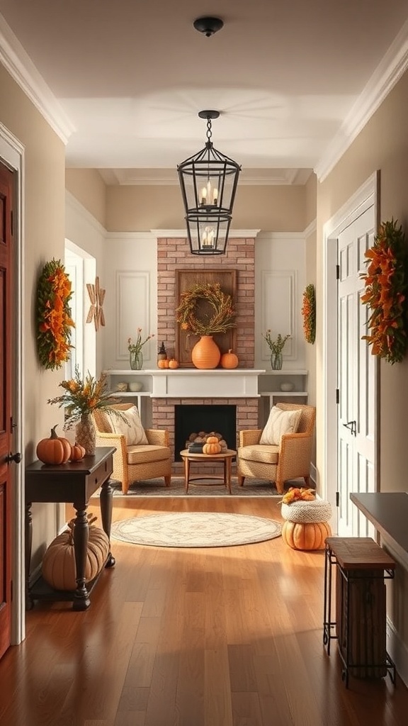 Cozy fall living room entryway with pumpkins, wreaths, and warm lighting.