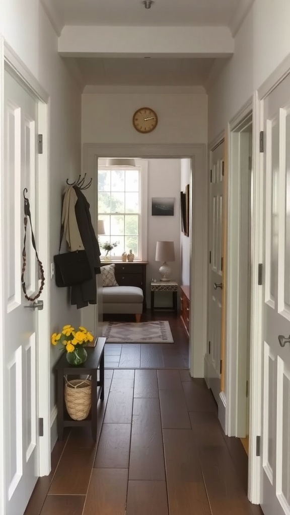 A cozy entryway leading into a living room with a table, flowers, and a comfortable sofa.