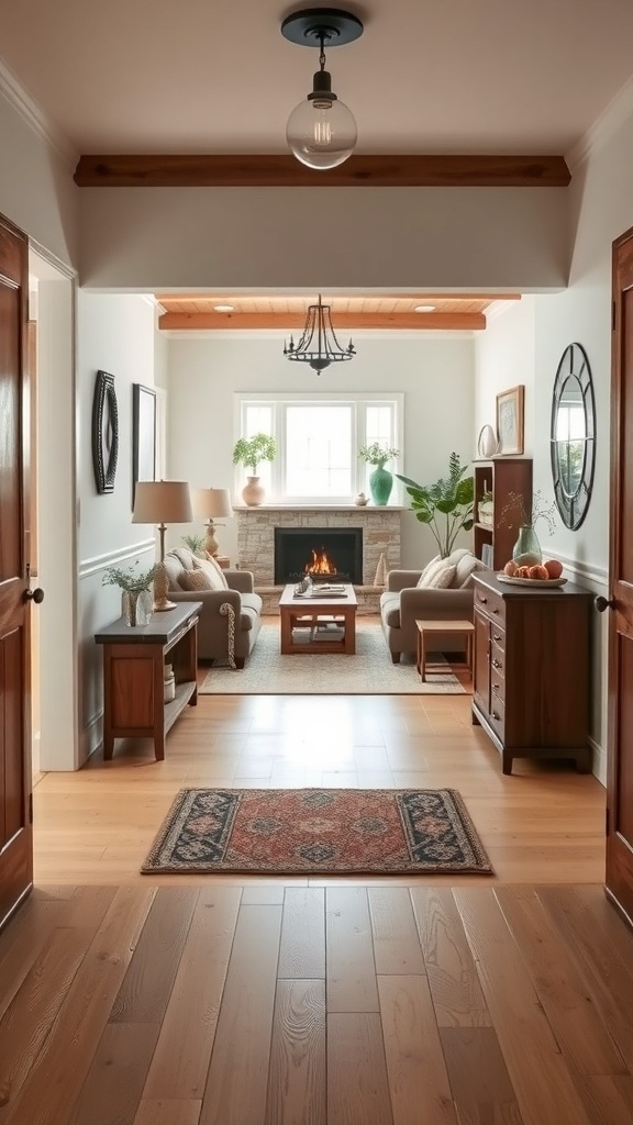 A cozy country farmhouse living room with natural wood tones and inviting decor.