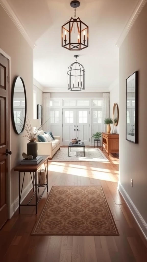 A bright and inviting entryway leading into a cozy living room with natural light and farmhouse decor.
