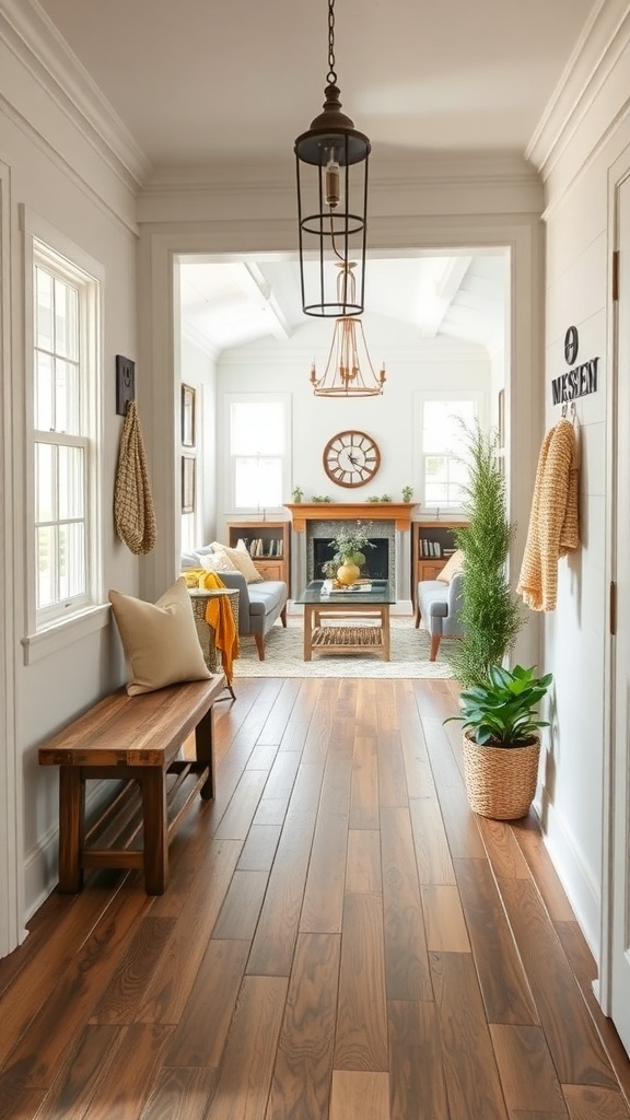 A cozy entryway with a wooden bench, plants, and warm lighting leading to a living room.