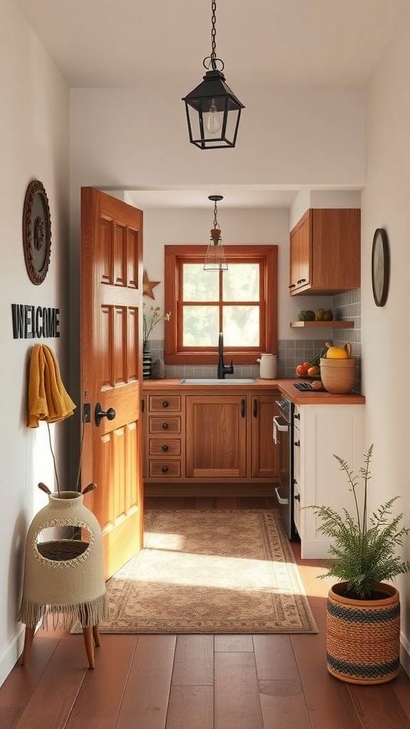 A cozy entryway to a small rustic kitchen featuring a wooden door, warm lighting, and welcoming decor.