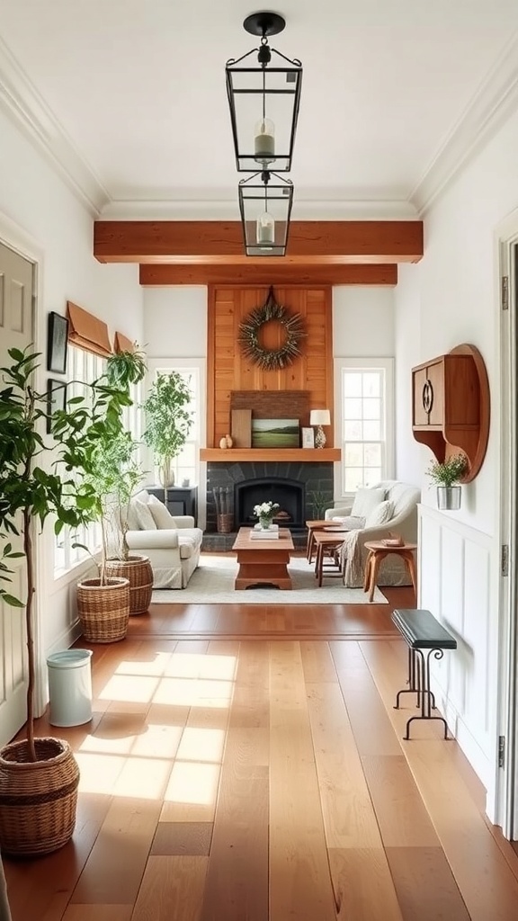 A bright and inviting entryway leading to a cozy living room with wooden flooring and natural light.